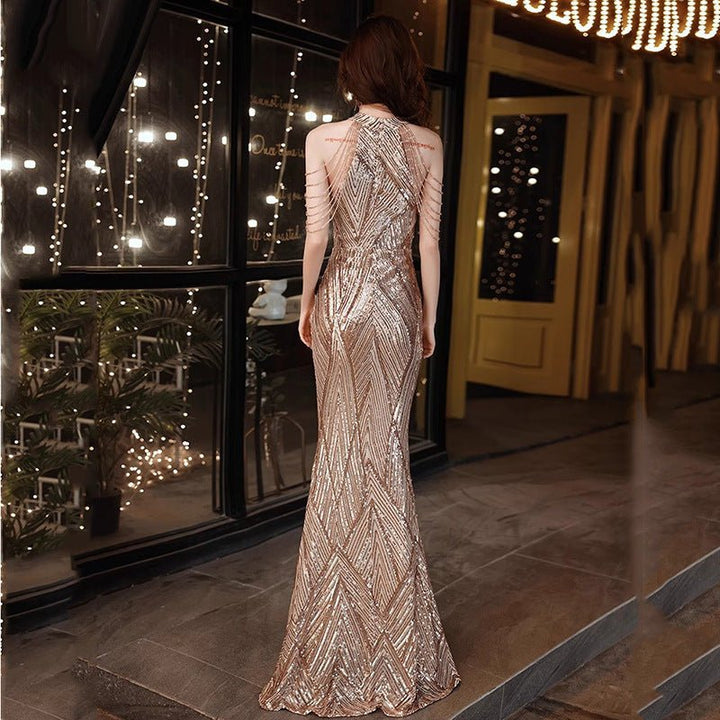 Beaded Sequined Banquet Long Halter Set Diamond Queen Fishtail Evening Gown - Dresses Nova