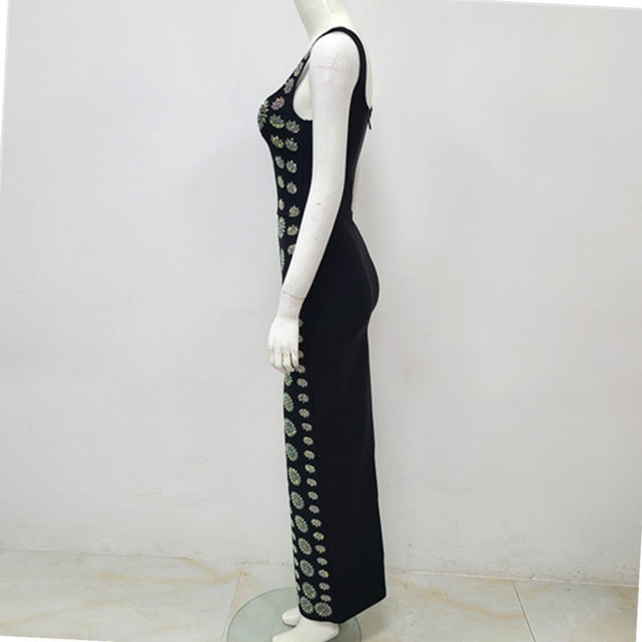 Black Sleeveless U - neck Rhinestone DressEvening Dress - Dresses Nova