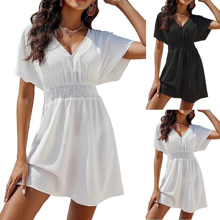 Casual V - neck Pleated Dress Women - Dresses Nova