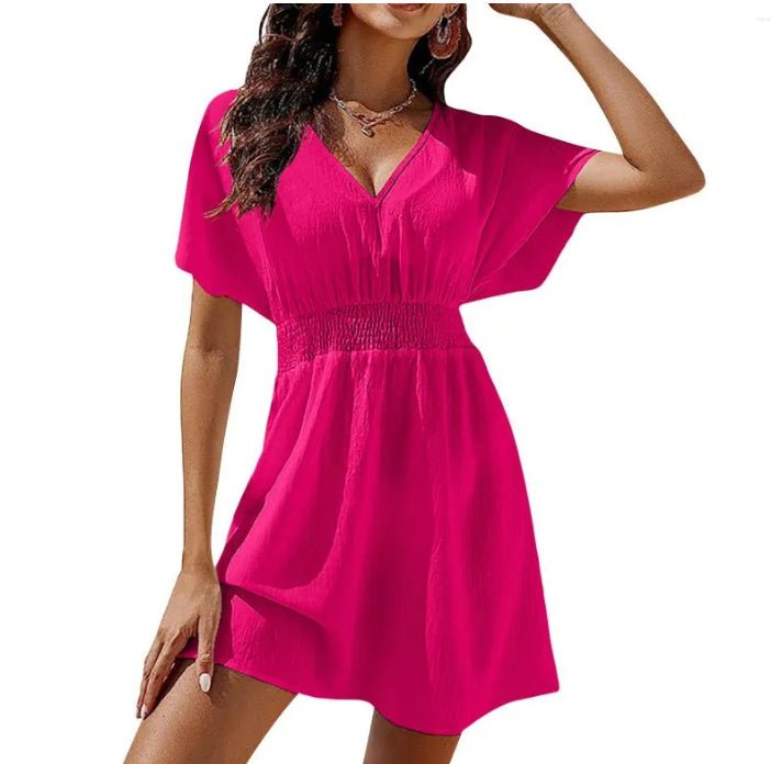 Casual V - neck Pleated Dress Women - Dresses Nova