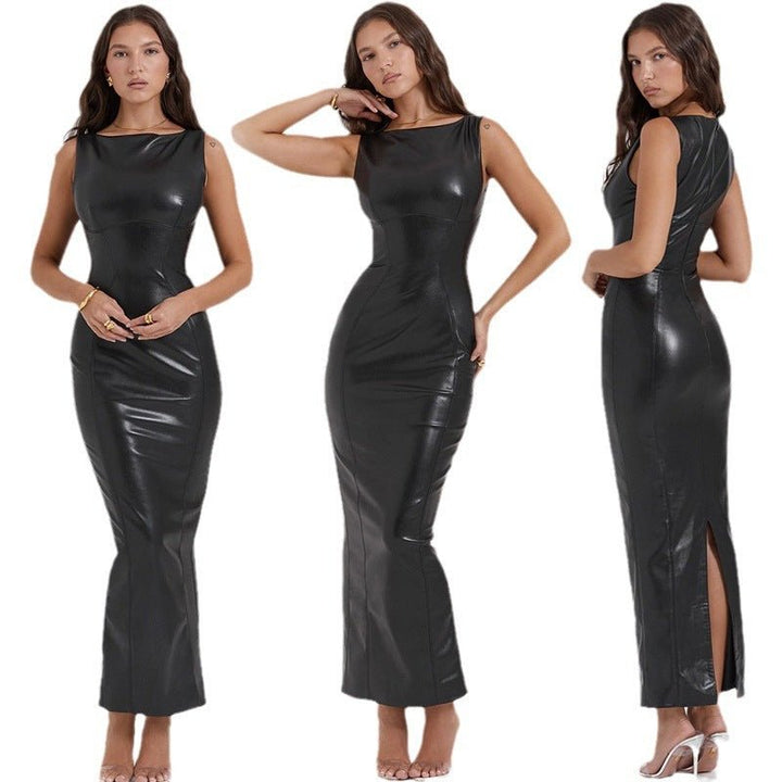 European And American Style Women Dress Autumn New PU Leather Skirt Amazon Split Long Dress - Dresses Nova