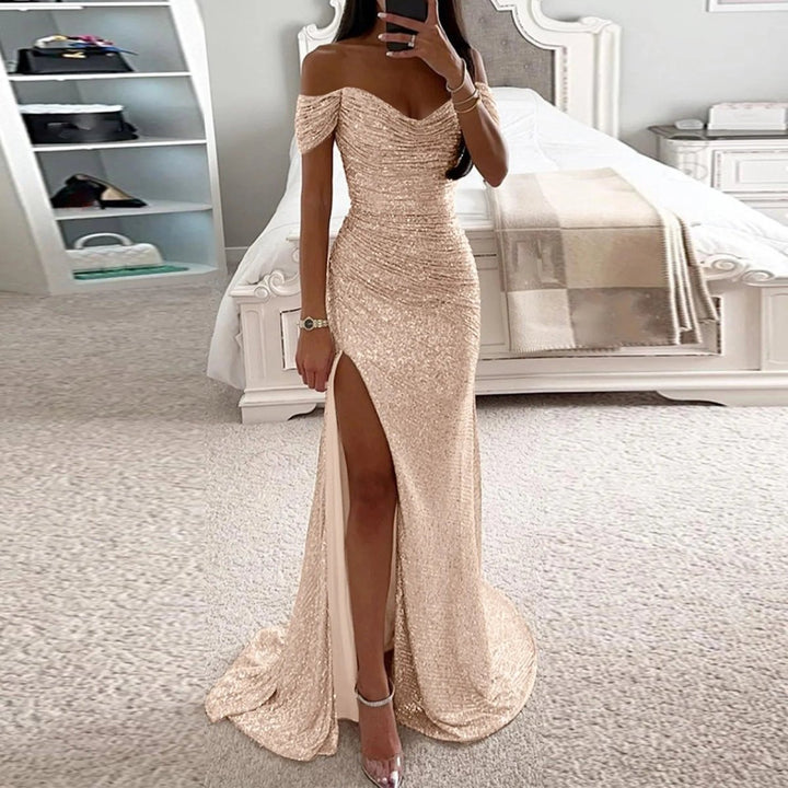 Female Creative Solid Color Sparkling Slit Dress - Dresses Nova