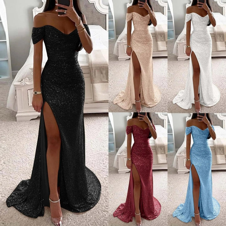 Female Creative Solid Color Sparkling Slit Dress - Dresses Nova