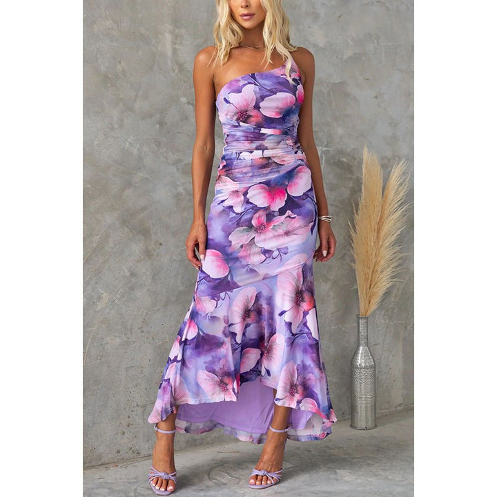 Flowers Print One - shoulder Dress Summer INS Casual Suspender Long Dresses - Dresses Nova