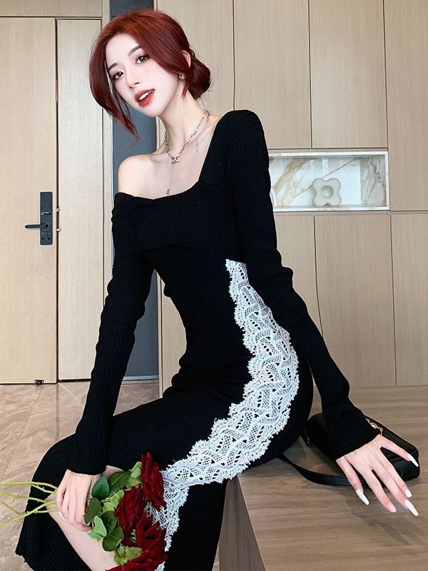 French Socialite Knitted Long Dress Autumn - Dresses Nova