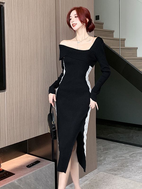 French Socialite Knitted Long Dress Autumn - Dresses Nova