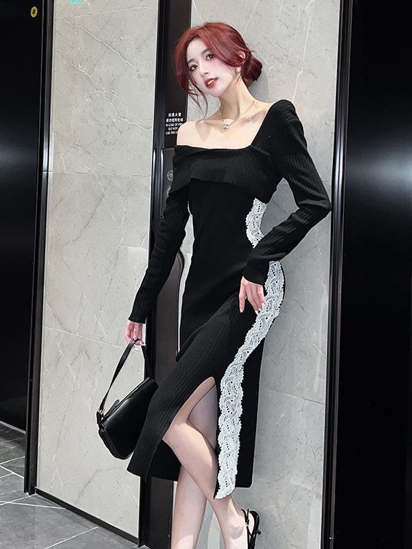 French Socialite Knitted Long Dress Autumn - Dresses Nova