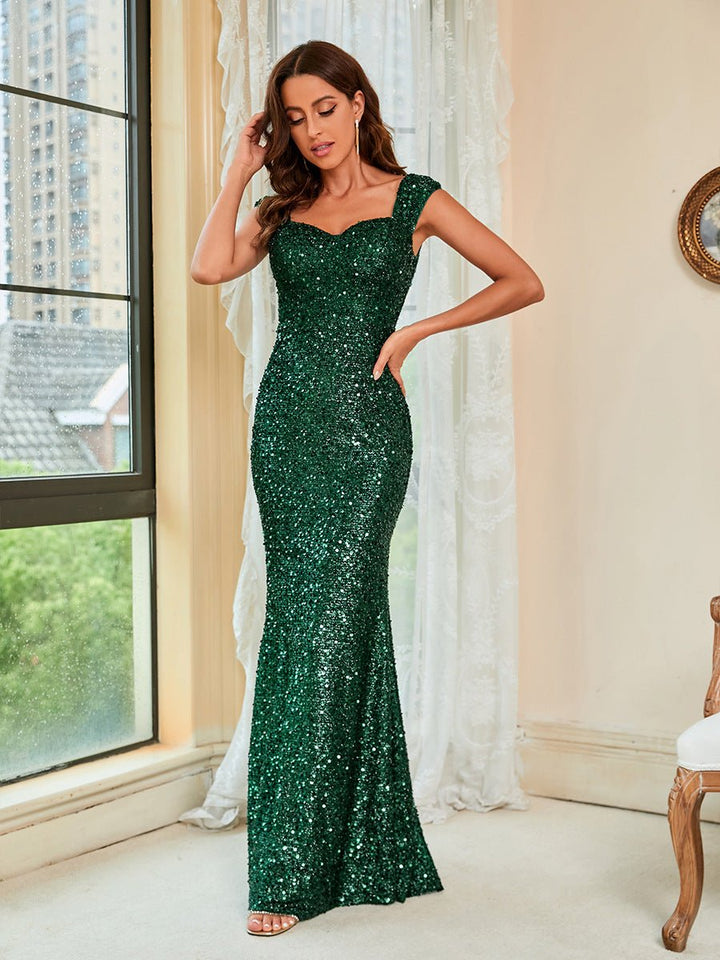 Green Suspenders Mid Waist Party Evening Dress - Dresses Nova