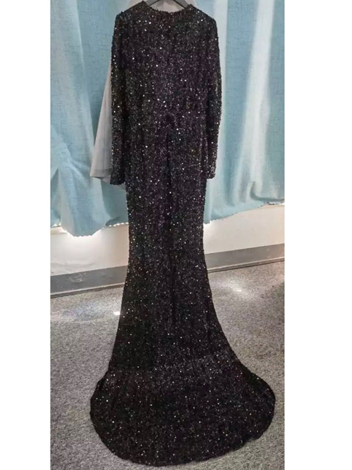 Grey Long Sleeve Sequin Evening Dress - Dresses Nova