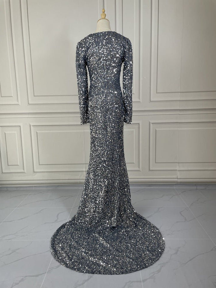 Grey Long Sleeve Sequin Evening Dress - Dresses Nova