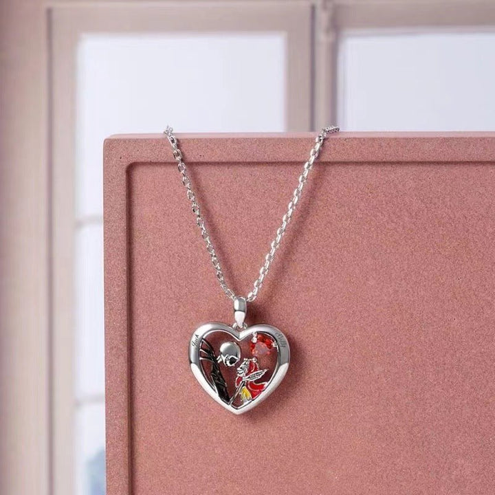 Heart shaped skull pendant necklace with rhinestones love couple - Dresses Nova