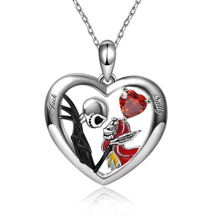 Heart shaped skull pendant necklace with rhinestones love couple - Dresses Nova