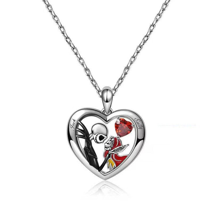 Heart shaped skull pendant necklace with rhinestones love couple - Dresses Nova