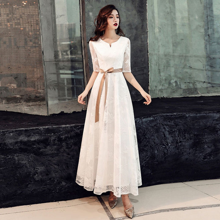 Korean Style Banquet Evening Dress White Lace - Dresses Nova