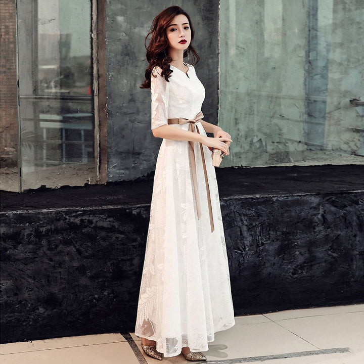 Korean Style Banquet Evening Dress White Lace - Dresses Nova