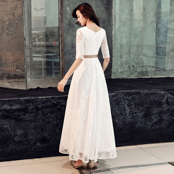 Korean Style Banquet Evening Dress White Lace - Dresses Nova