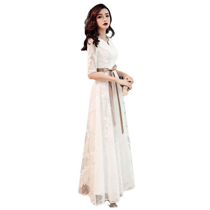 Korean Style Banquet Evening Dress White Lace - Dresses Nova