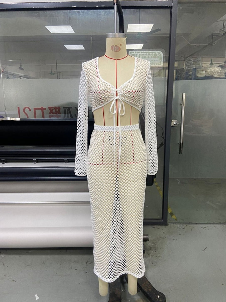 Lace Mesh Long Sleeve Narrow Casual Knitted Maxi Dress Suit - Dresses Nova