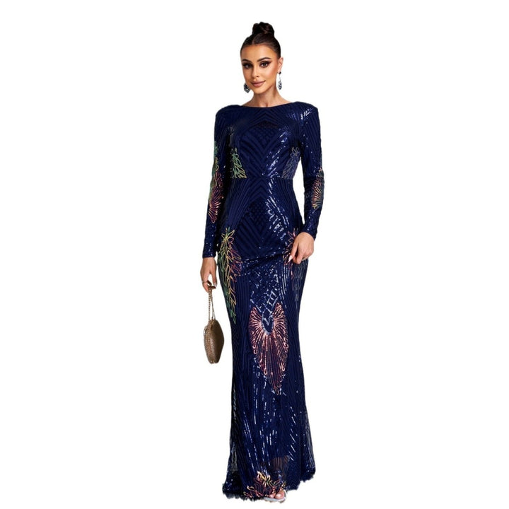 Long Sleeve Temperament Crew Neck Sexy Long Sequined Banquet Evening Dress - Dresses Nova