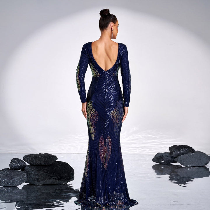 Long Sleeve Temperament Crew Neck Sexy Long Sequined Banquet Evening Dress - Dresses Nova