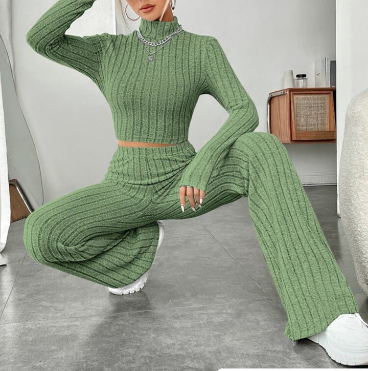 Long Sleeve Turtlenecks Wide Leg High Waist Trousers Suit - Dresses Nova