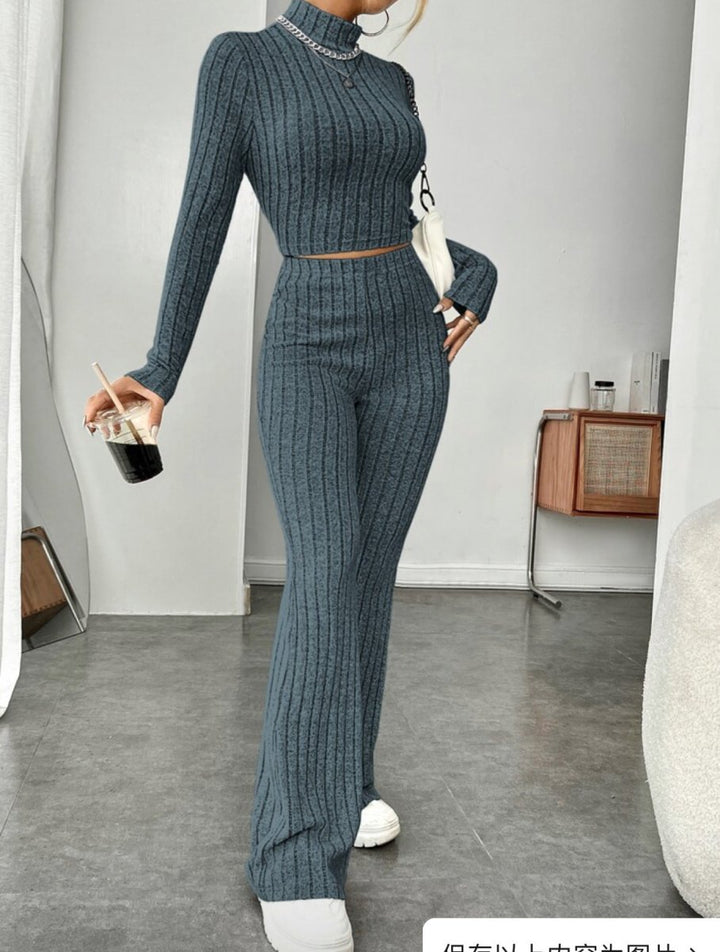 Long Sleeve Turtlenecks Wide Leg High Waist Trousers Suit - Dresses Nova