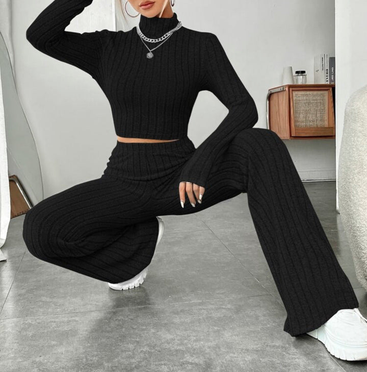 Long Sleeve Turtlenecks Wide Leg High Waist Trousers Suit - Dresses Nova