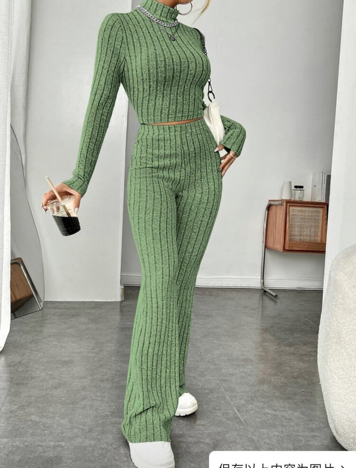 Long Sleeve Turtlenecks Wide Leg High Waist Trousers Suit - Dresses Nova