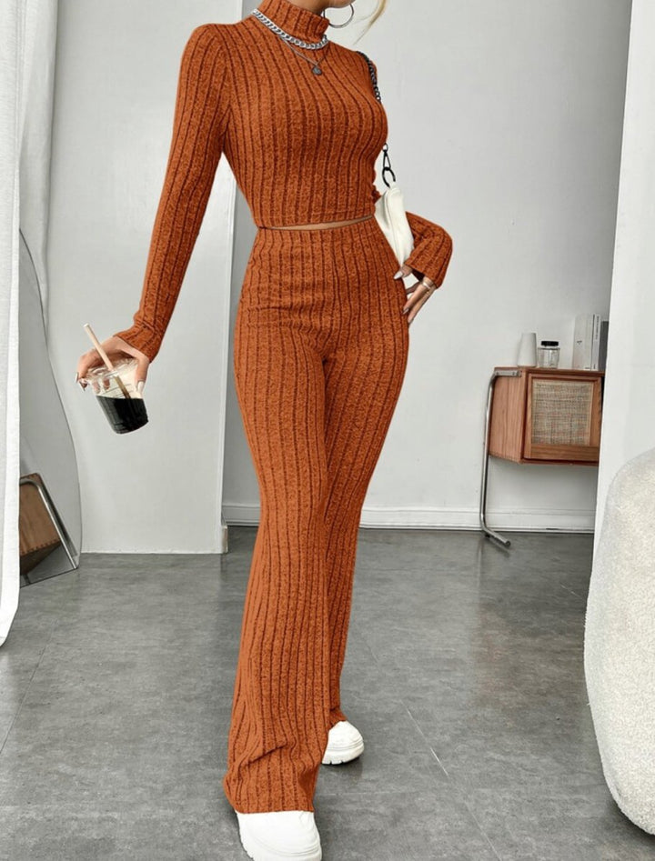 Long Sleeve Turtlenecks Wide Leg High Waist Trousers Suit - Dresses Nova