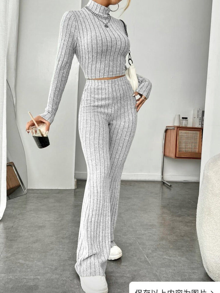 Long Sleeve Turtlenecks Wide Leg High Waist Trousers Suit - Dresses Nova