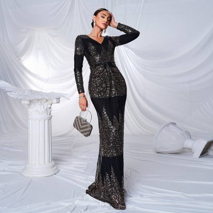 Long Sleeve V - neck Sexy Slim - fit Long Sequined Banquet Evening Dress - Dresses Nova