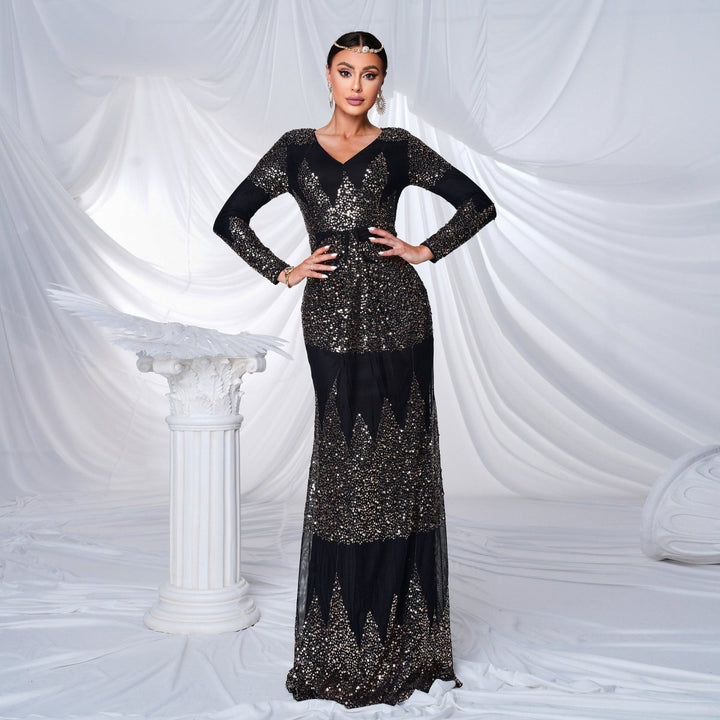 Long Sleeve V - neck Sexy Slim - fit Long Sequined Banquet Evening Dress - Dresses Nova