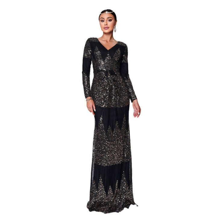 Long Sleeve V - neck Sexy Slim - fit Long Sequined Banquet Evening Dress - Dresses Nova