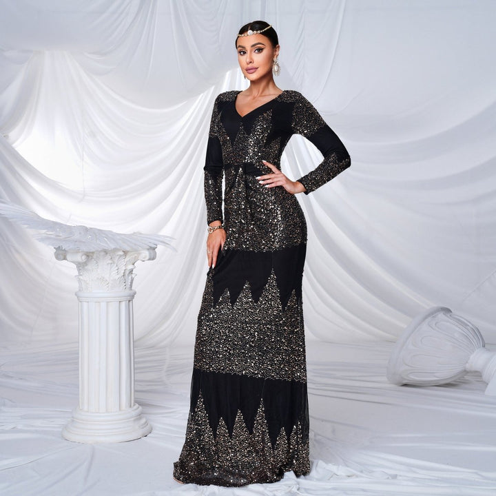 Long Sleeve V - neck Sexy Slim - fit Long Sequined Banquet Evening Dress - Dresses Nova