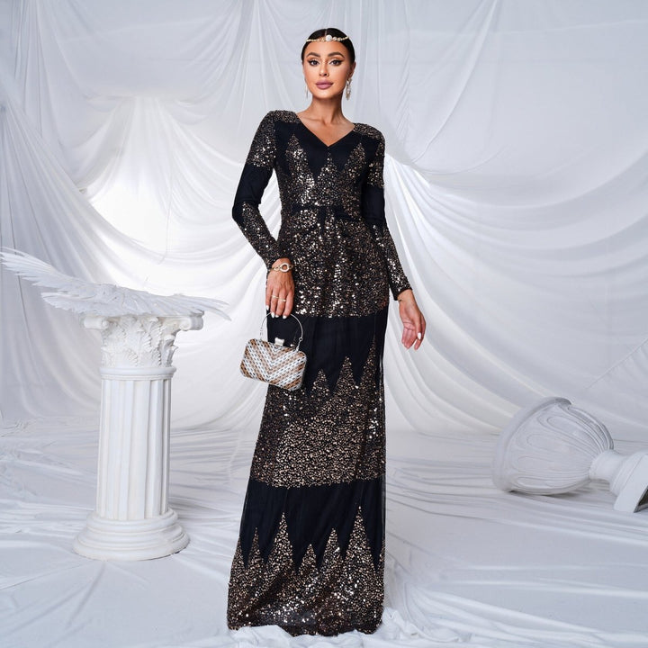 Long Sleeve V - neck Sexy Slim - fit Long Sequined Banquet Evening Dress - Dresses Nova