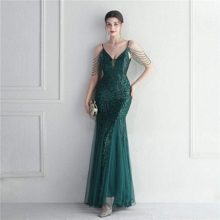 Mesh Beaded Bridal Wedding Dinner Long Camisole Evening Gown - Dresses Nova