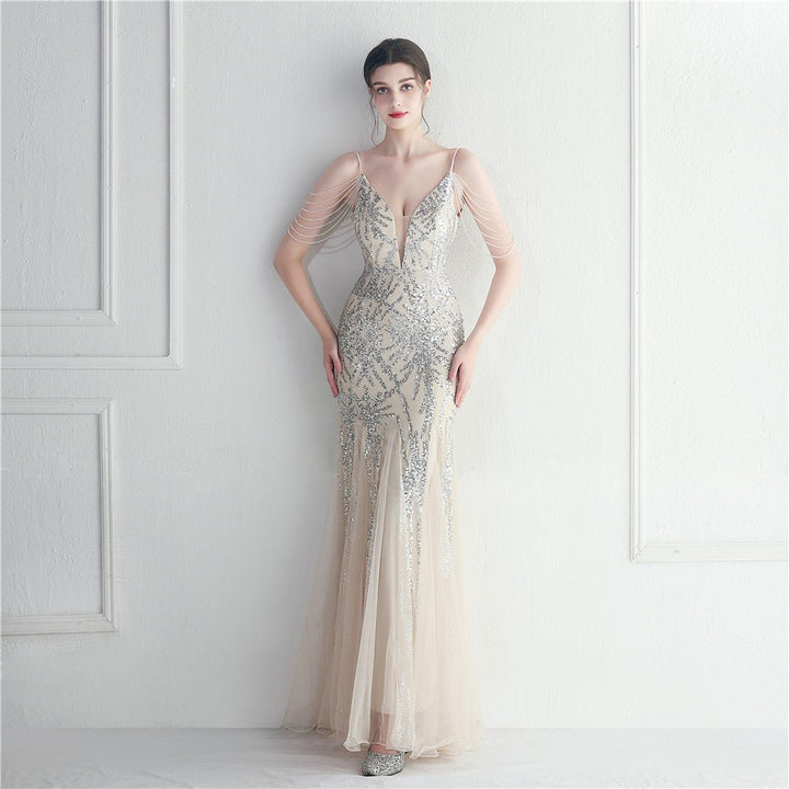 Mesh Beaded Bridal Wedding Dinner Long Camisole Evening Gown - Dresses Nova