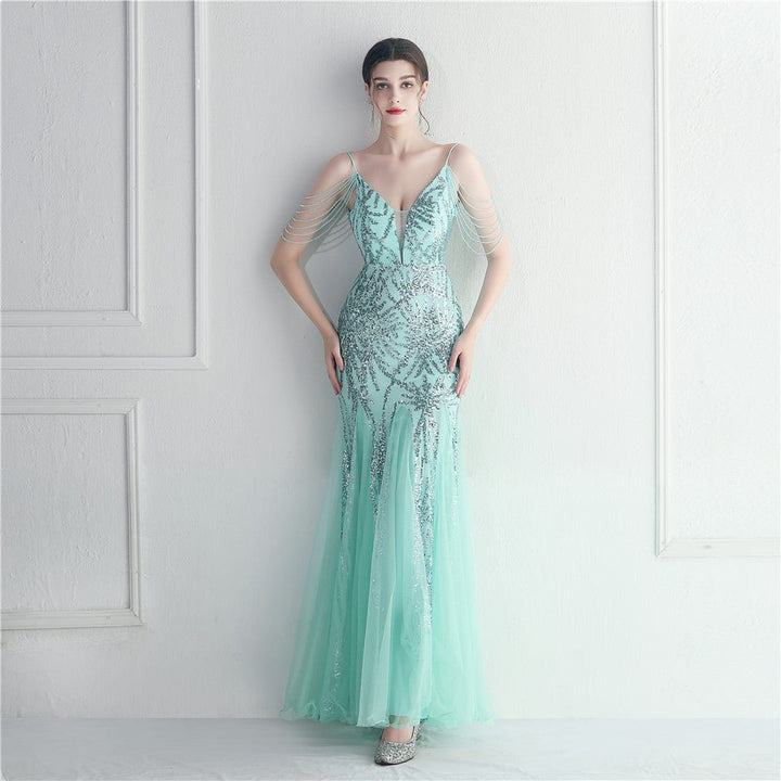 Mesh Beaded Bridal Wedding Dinner Long Camisole Evening Gown - Dresses Nova