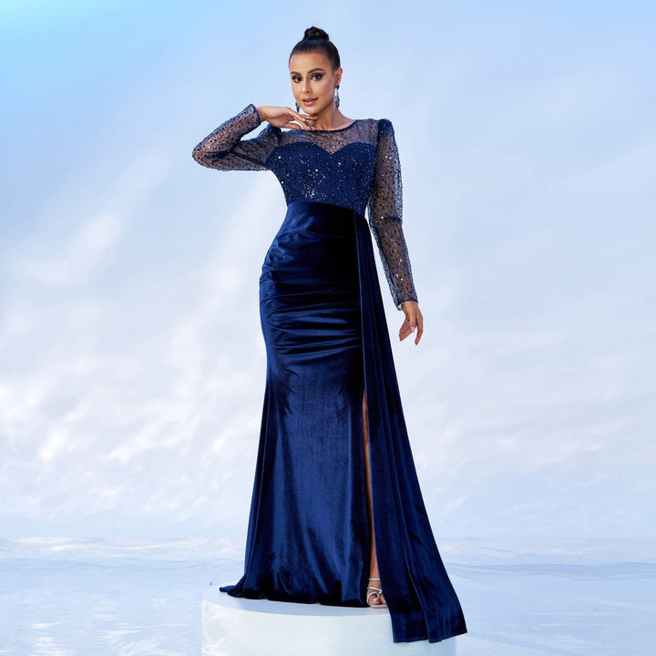 Mesh Sequins Velvet Banquet Fishtail Evening Dress - Dresses Nova