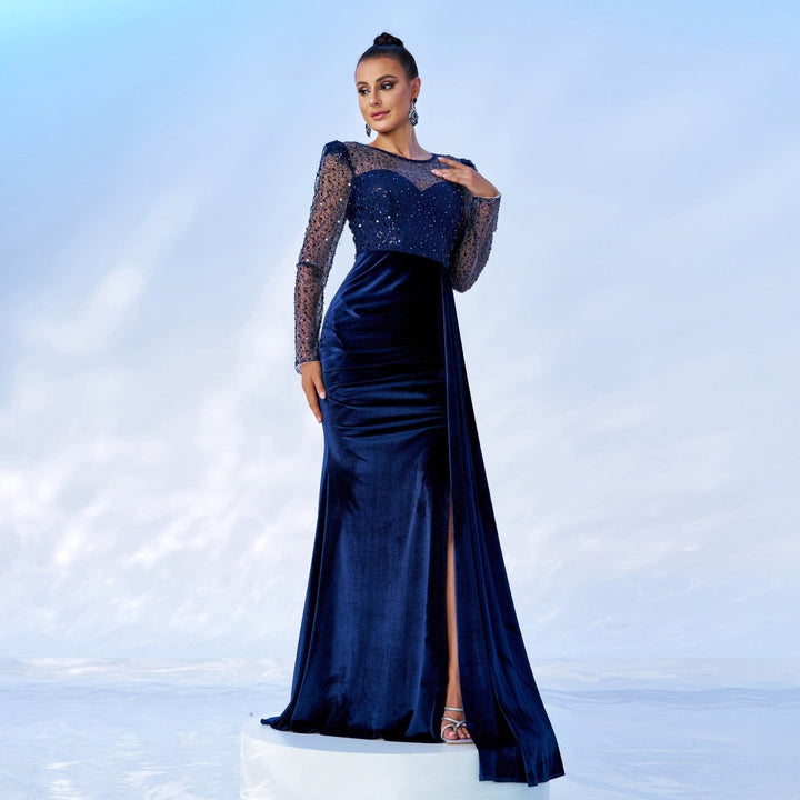 Mesh Sequins Velvet Banquet Fishtail Evening Dress - Dresses Nova