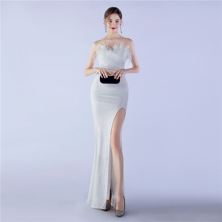 Ostrich Feather Shrink Folding Wrinkle Craft Host High - end Evening Dress - Dresses Nova