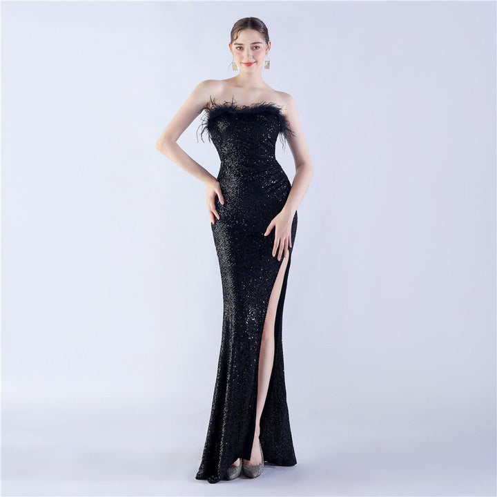 Ostrich Feather Shrink Folding Wrinkle Craft Host High - end Evening Dress - Dresses Nova