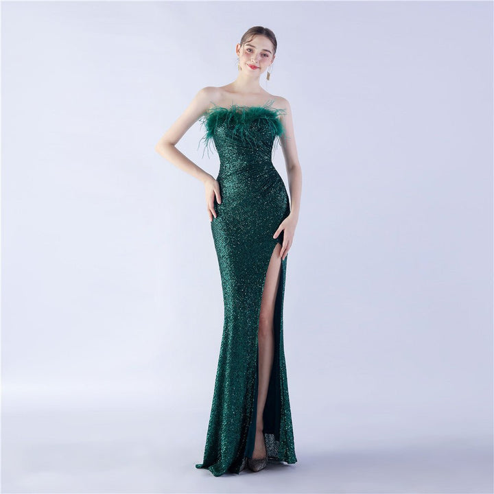 Ostrich Feather Shrink Folding Wrinkle Craft Host High - end Evening Dress - Dresses Nova