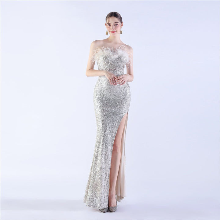 Ostrich Feather Shrink Folding Wrinkle Craft Host High - end Evening Dress - Dresses Nova