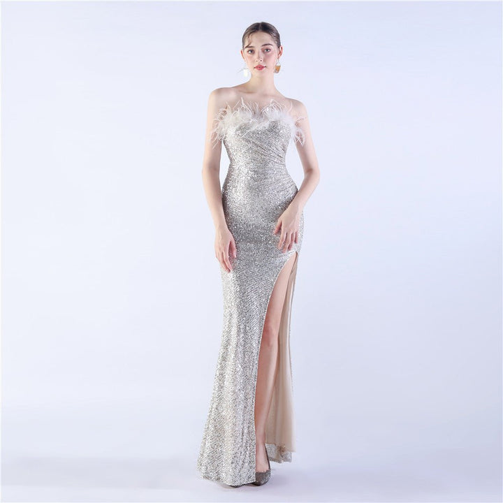 Ostrich Feather Shrink Folding Wrinkle Craft Host High - end Evening Dress - Dresses Nova