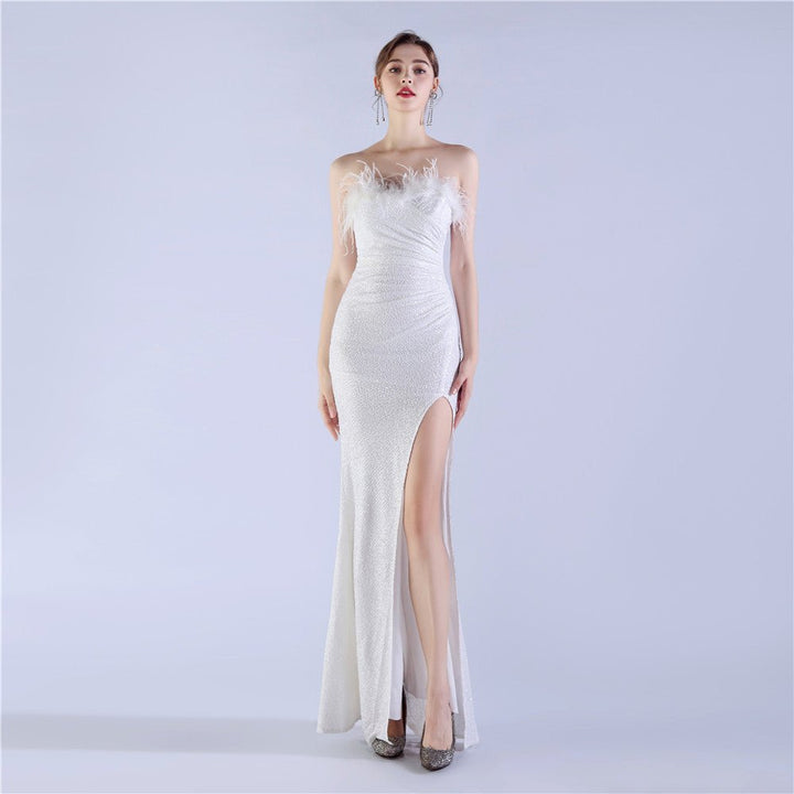 Ostrich Feather Shrink Folding Wrinkle Craft Host High - end Evening Dress - Dresses Nova