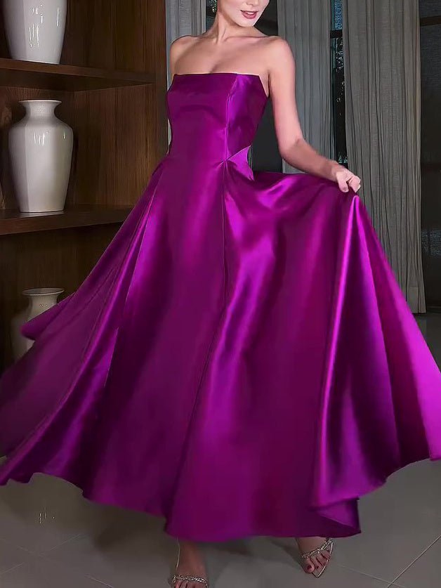 Satin Tube Top Full Skirt Dress - Dresses Nova