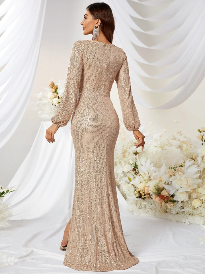 Sequined V - neck Long Sleeve High Slit Slim Fishtail Prom Evening Dress - Dresses Nova