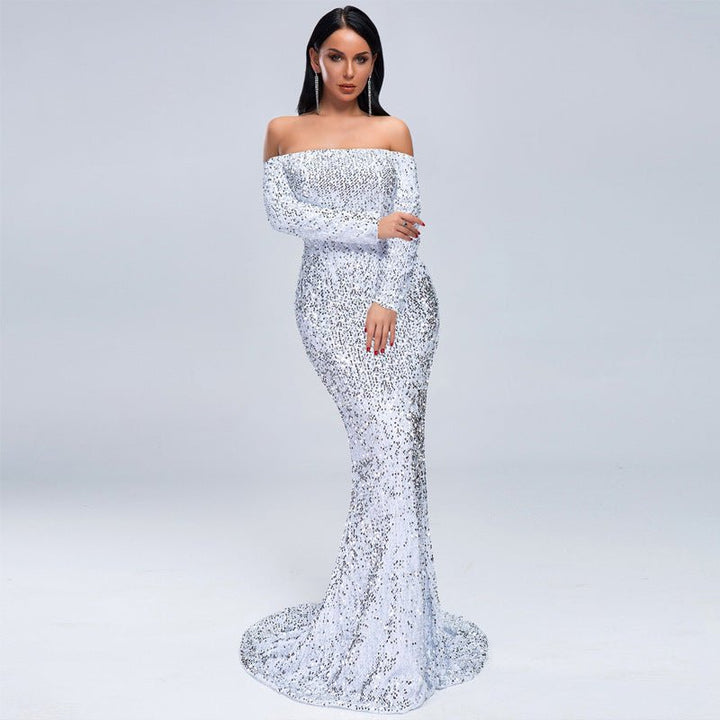 Sexy Strapless Long Sleeve Sequins Party Evening Dress - Dresses Nova