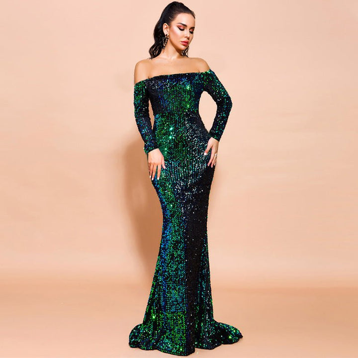 Sexy Strapless Long Sleeve Sequins Party Evening Dress - Dresses Nova